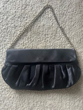 LOFT Black Pleated Satin Clutch with Gold Chain